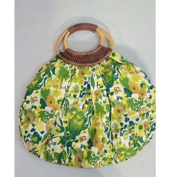 Boho Vintage Green & White Floral Purse Wooden Handles Hippie Retro Fun Handbag - Picture 3 of 6